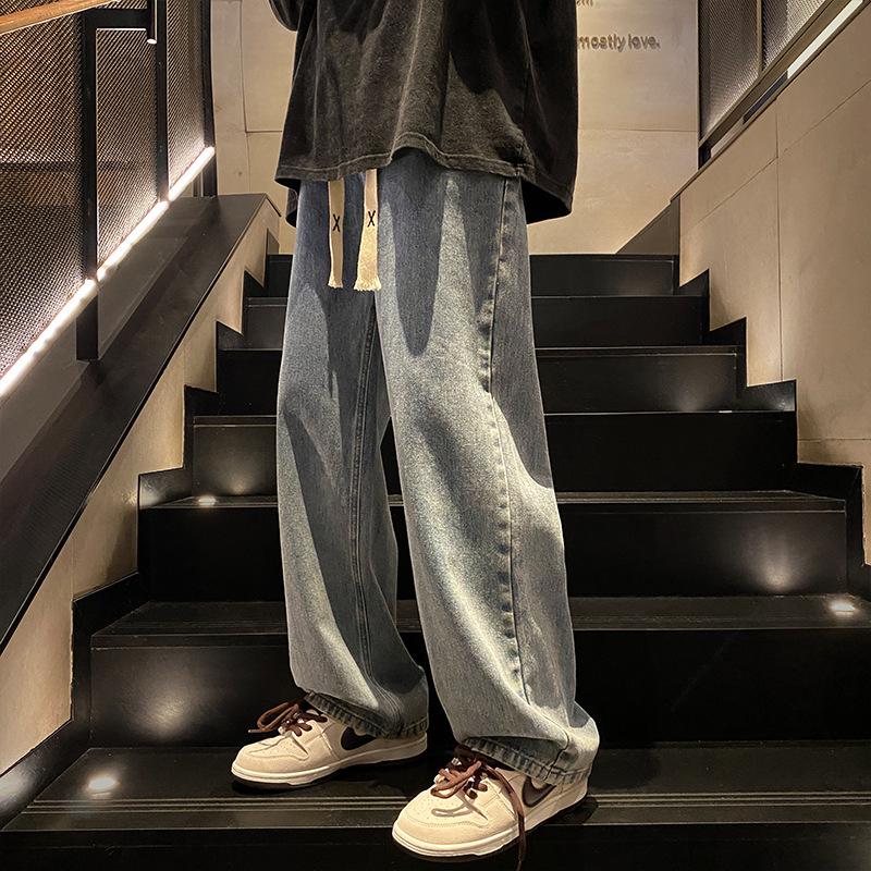 Men's Retro Solid Color Jeans: Spring & Autumn Straight-Leg Dad Pants, Loose Fit, Black/Grey, Wide Leg, Versatile Casual Long Pants
