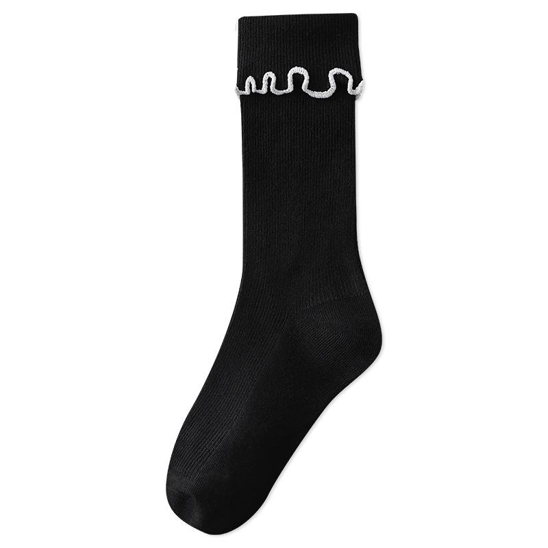 Acheng Women s Spring & Autumn Cotton Socks - Rolled Cuff, Ruffle Edge, Double Needle, Versatile Pile Style. One Size (Double Needle) чёрный
