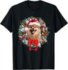 Pomeranian Christmas Wreath Graphic Tee Cute Dog Lover Casual Short Sleeve T-Shirt