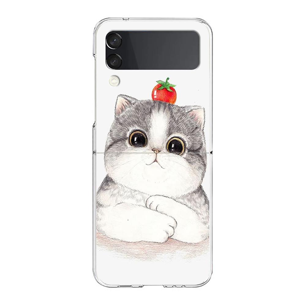 Cat Cute Kitten Cartoon For Samsung Galaxy Z Flip 3 4 5 Hard Folding Clear PC Phone Case For Samsung Z Flip3 Back Cover Bumper