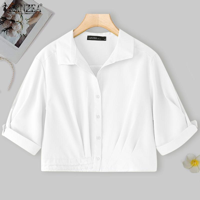 

ZANZEA Женская повседневная укороченная блузка с лацканами, короткими рукавами и пуговицами 4XL белый
