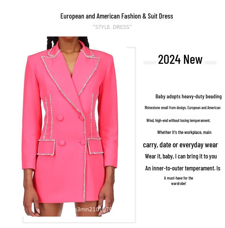 Europäisches & Amerikanisches Light Luxury Strass Perlen Slimming Zweireiher Anzugkleid (2025)