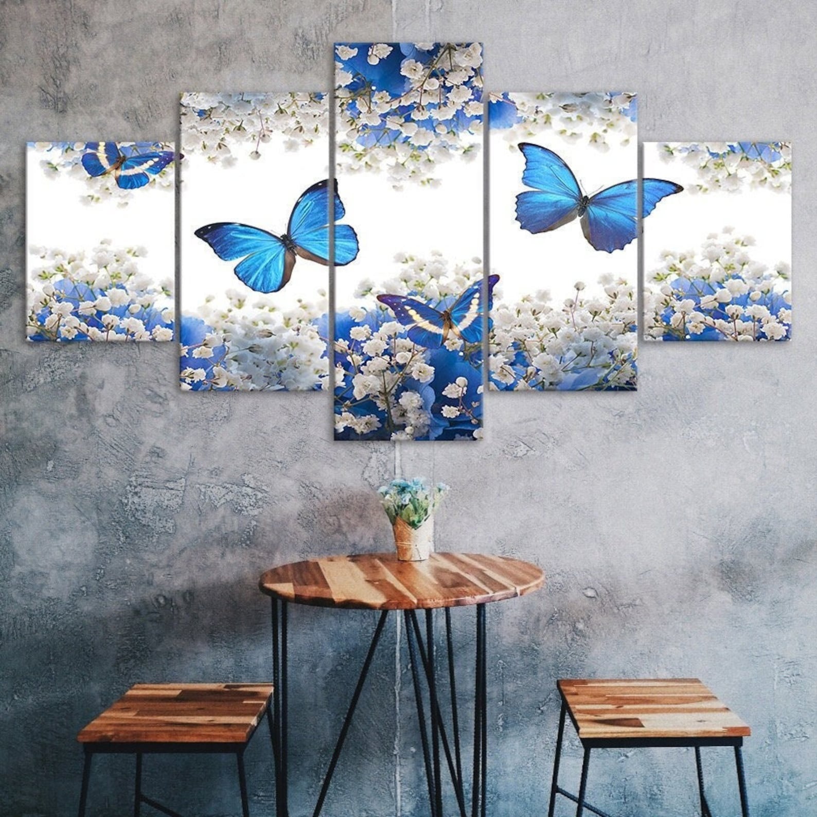 

Blue Butterfly White Flower Scenery 5 Piece Canvas Wall Art Multi Panel Print Modern Poster Home Decor Picture Gift For Him For Her 20X35 20X45 20X55CM
