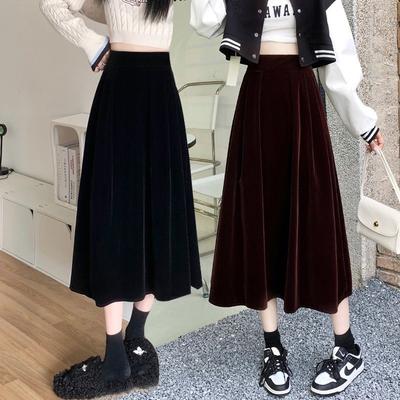 Jupe Velours Rouge Vintage Élégante Ligne A Chaude Automne Hiver pour Femmes Taille Haute Décontractée Noire Plissée Grande Amplitude Jupe