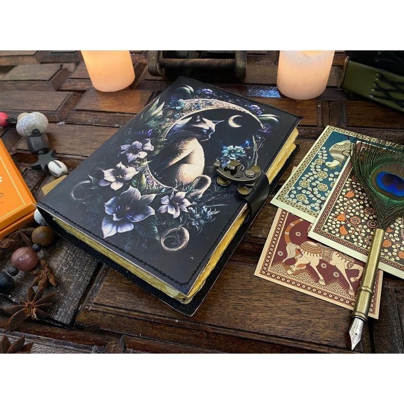 Grimoire Cat Leather Journal -Notebook Sketchbook - Book of shadow - Witch Wiccan Journal -Handmade Deckle Edge Paper Gifts For Halloween