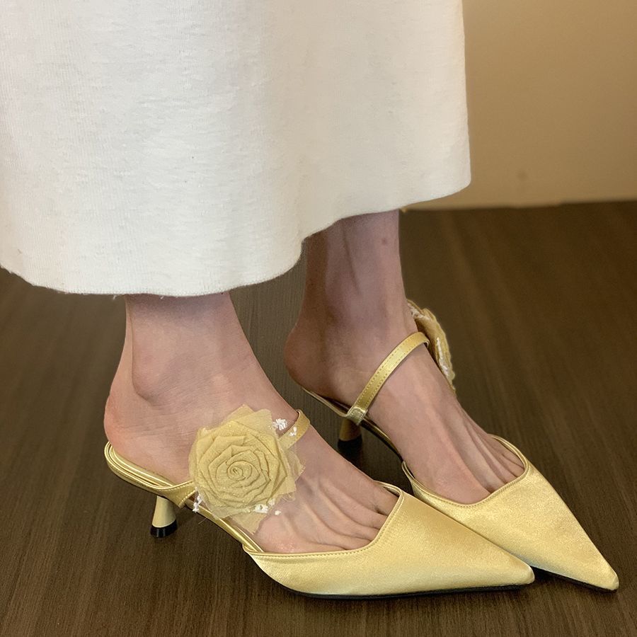 High-heeled New Chinese-style Flower Retro Baotou Half-slippers Women's Shoes 2025 New Spring and Summer Outer Wear Half-support Single Shoes