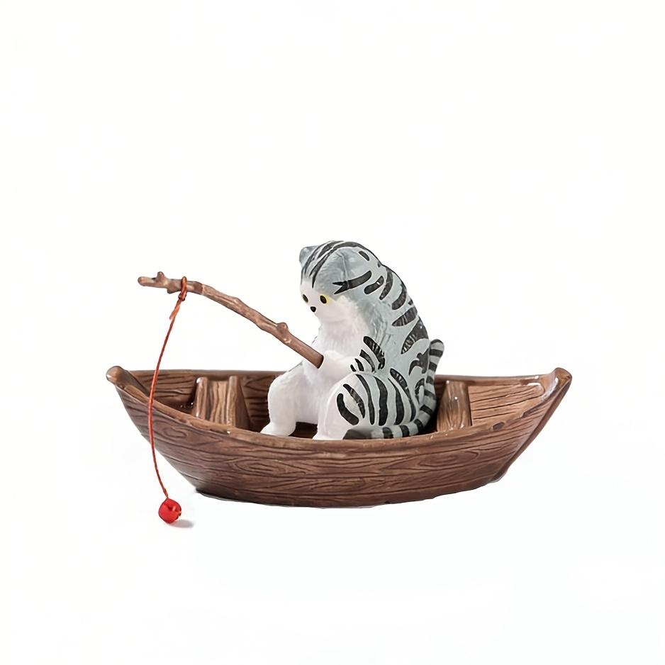 

2-Piece Creative Aquarium Miniature Landscape Set: Cute Cat Fishing in a Boat Decorative Figure