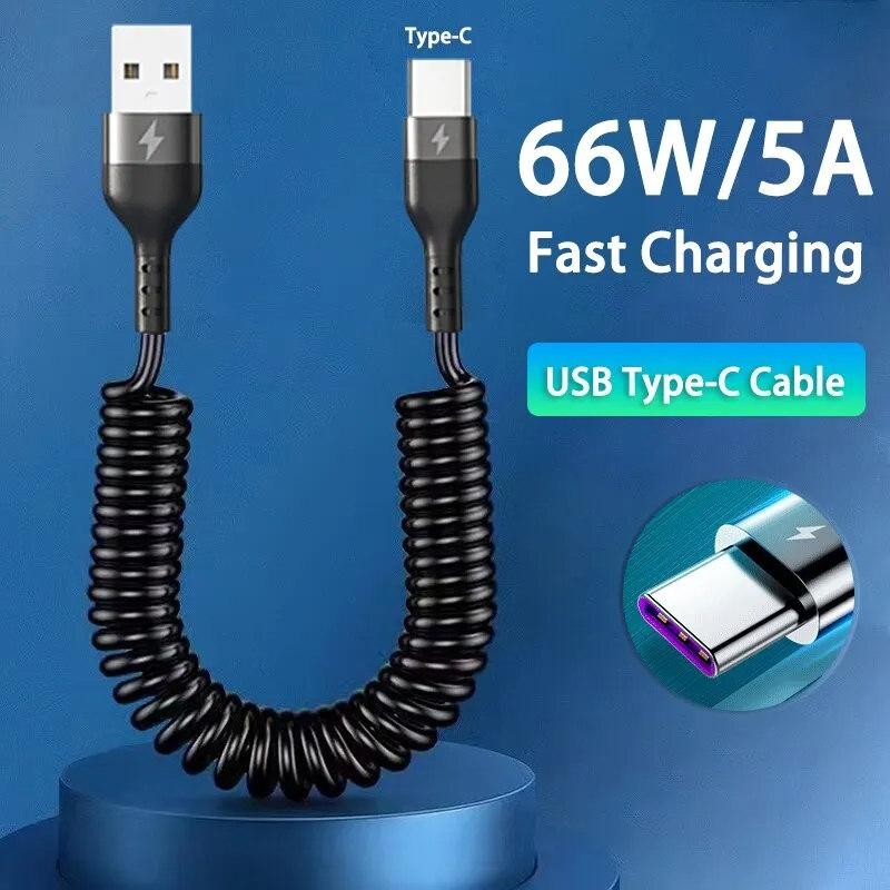 Cablu USB de Tip C cu Încărcare Rapidă 66W 5A, Telescopic cu Arc, Încărcător Auto pentru Telefon, Cablu USB pentru Samsung Xiaomi Redmi, Cablu USB C