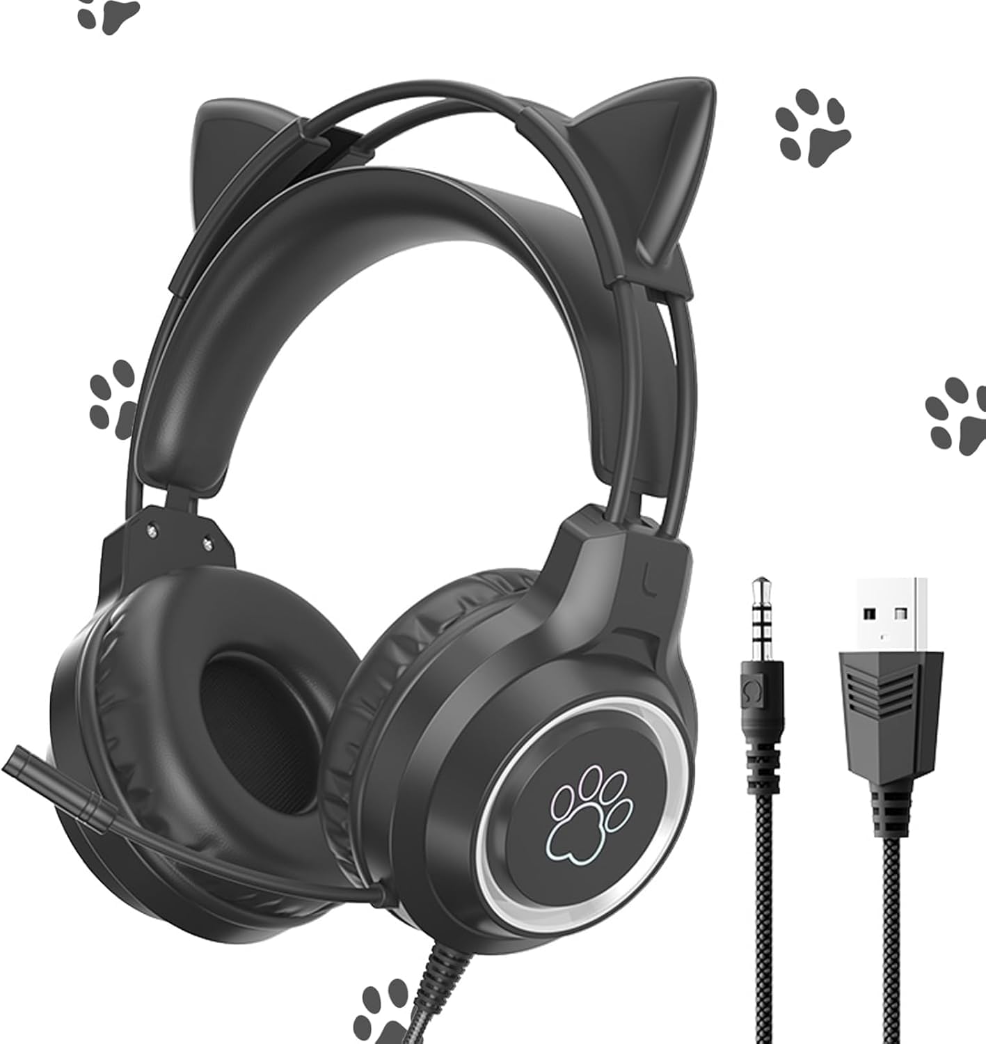 

YIK TUNG Игровые проводные наушники с кошачьими ушками, 40 мм, RGB, USB, мягкие защитные, превосходный звук, регулируемые, милые, совместимые с и языком, новые японские чёрный