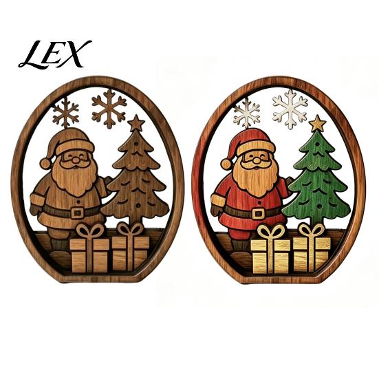 Handmade Wooden Holiday Signs 3Pcs Christmas Santa Claus And Tree Ornaments, Oval Table Boxwood Ornaments Centerpiece, Solid Wood Desktop Ornament for