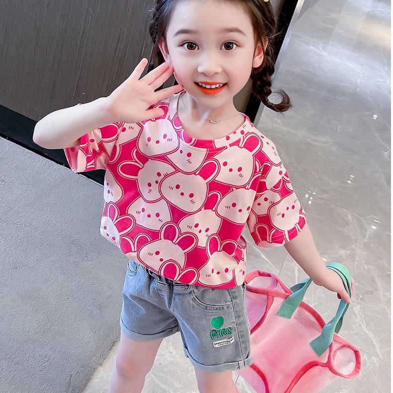 Summer Girls Cute Cartoon Rabbit Print Round Neck Short Sleeve T Shirt