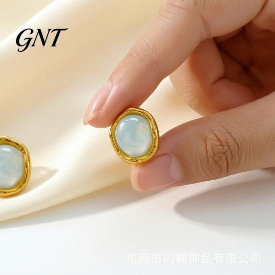 Soft Color Resin Studs 1 Pair Gemstone Stud Earrings for Women, Gold Plated Round Natural Slimming Face Shape Healing Stone Earrings, Stainless Steel