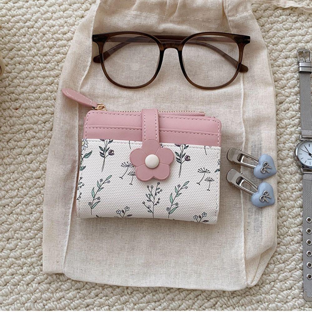 Korean Style PU Leather Card Holder Floral Folding Card Bag Retro Flower Short Wallet  Women
