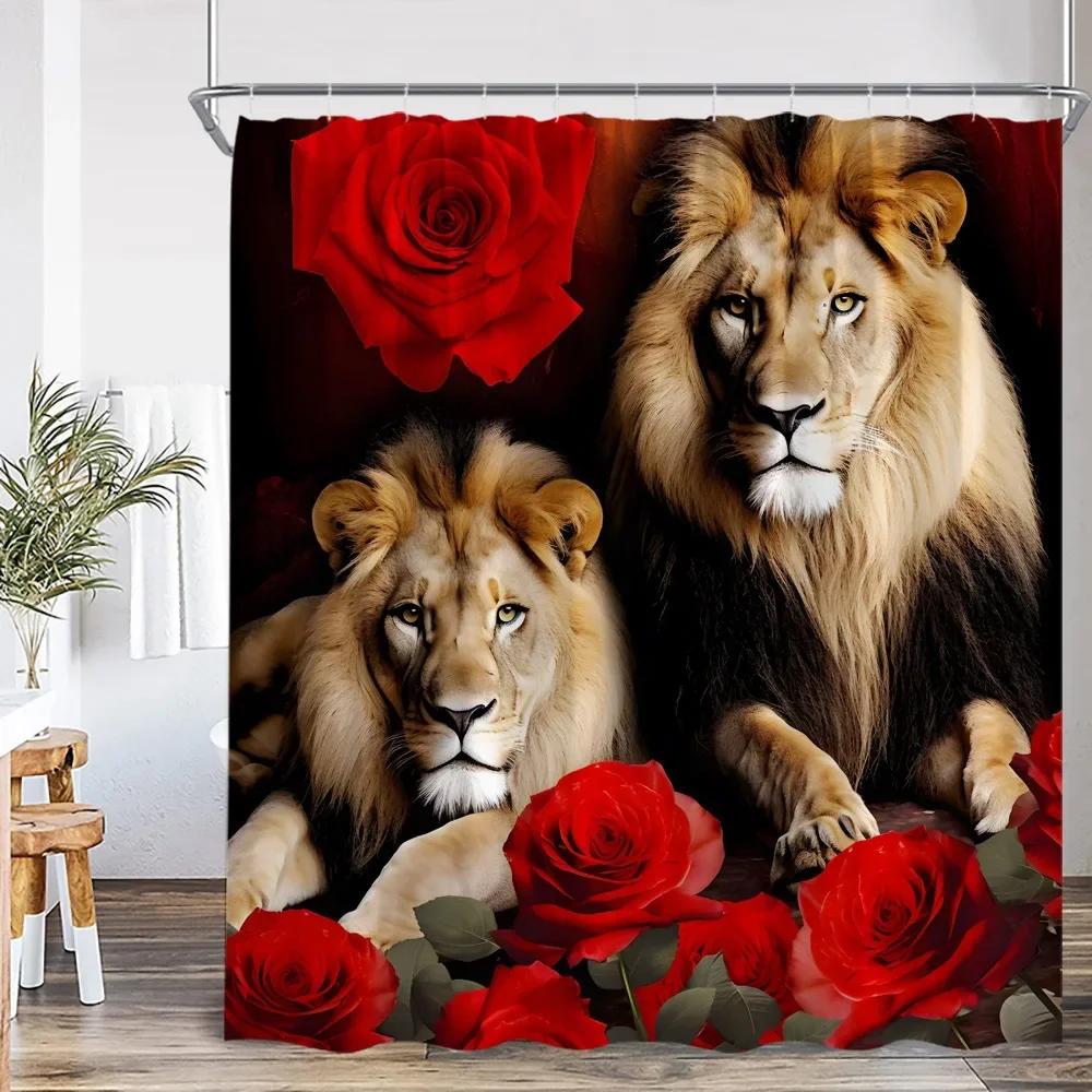 Wild Animals Shower Curtain Tiger Forest Elegant Panther Green Palnts Rose Floral Home Decor for Bathroom Polyester Bath Curtain
