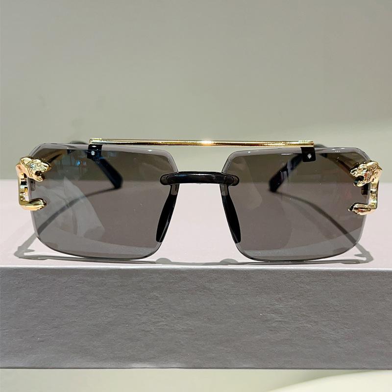 Men'S Handsome Fashion Leopard Head Trimmed Frameless Ocean Sheet Sunglasses Light Luxury Double Beam Driving Sunscreen Sunglasses