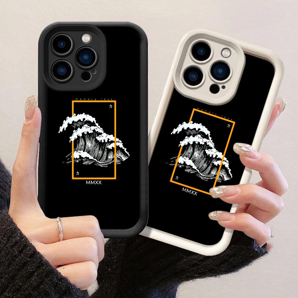 JT66 Black Aesthetic Japanese Waves Phone for iPhone 17 Pro Max Samsung S26 S25 A17 A16 A07 A56 Xiaomi 15T Redmi Note 14 Pro Plus Soft TPU Case Cover