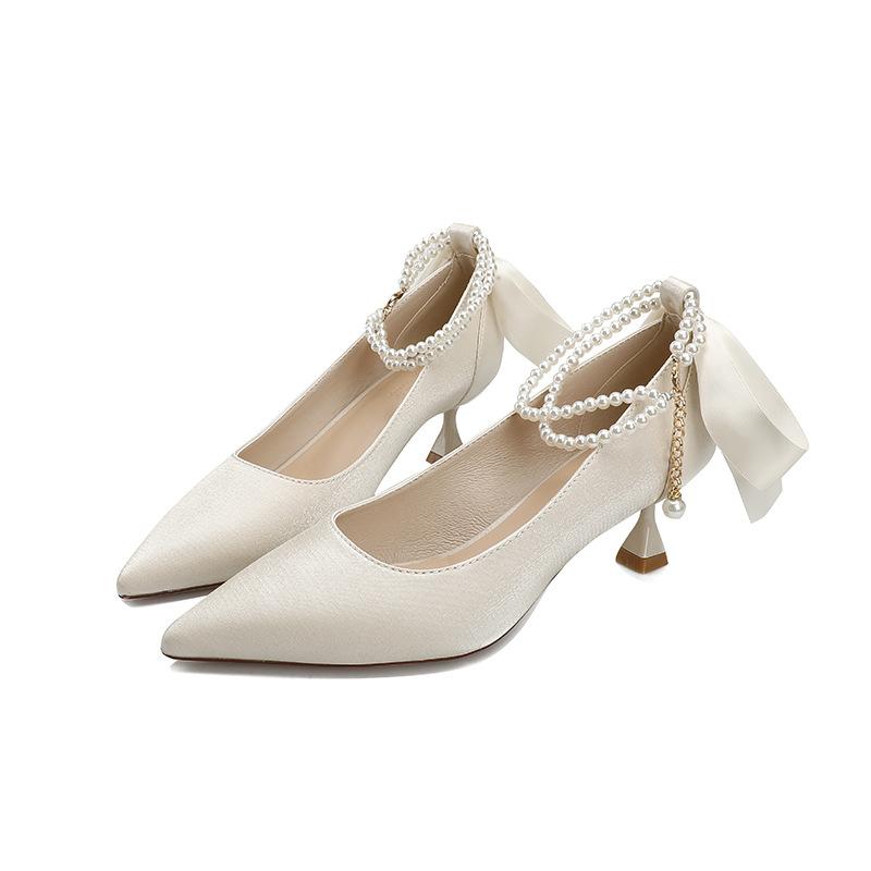 Burgundy heel bow wedding shoes women's new pearl strap Mary Jane shoes low heel pointed high heels