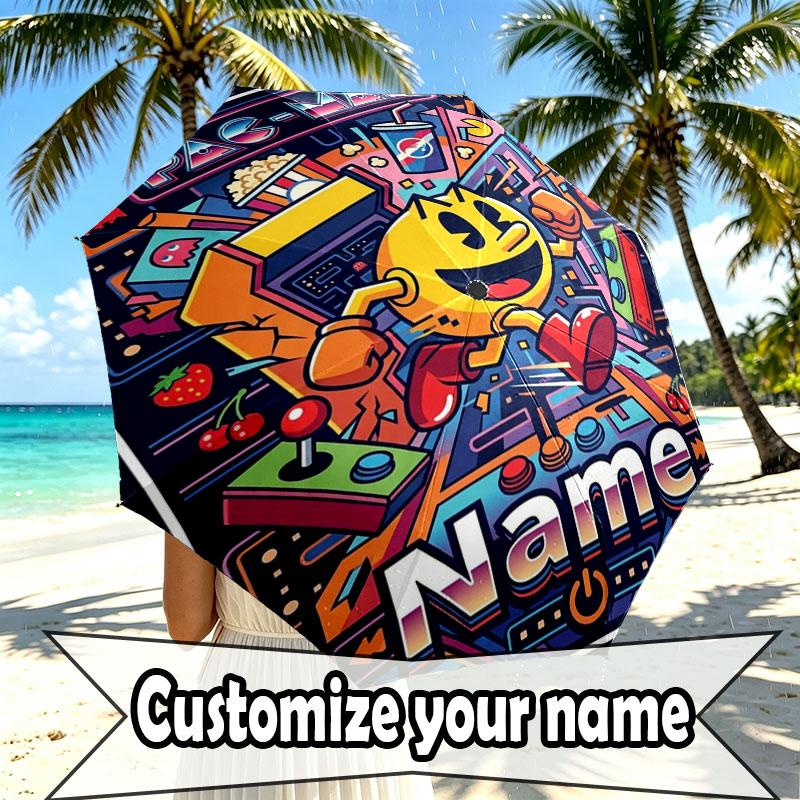 Custom Name Personalized PAC MAN Print Umbrella, Auto Open Close, 8‑Rib Sturdy Frame, Commute Camping Hiking Use, Birthday Gift