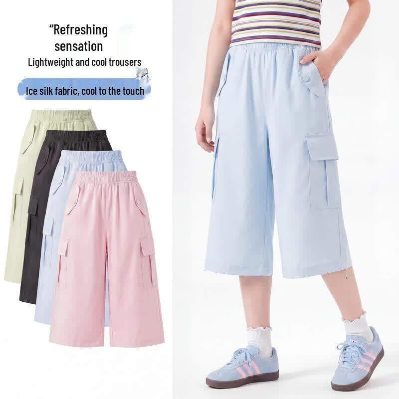 Moonkids Girls Summer Ice Silk Wide-Leg Capri Pants 130