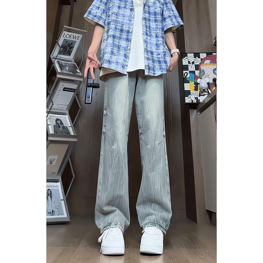 

JYL Men s Checkered Jeans Winter High-Street Fashion Straight Casual Denim Pants L бурштин