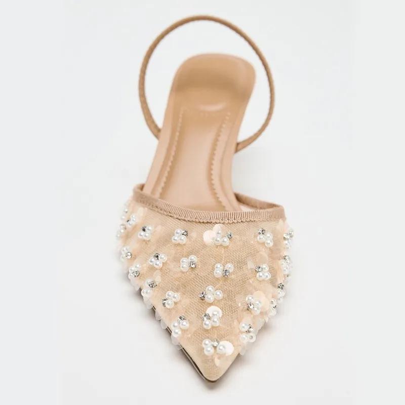 Fashion White String Bead Sequins Decorated Mesh Pumps Women Sexy Pointed Fine Heels for Women Elegant Banquet Wedding Designer Shoes