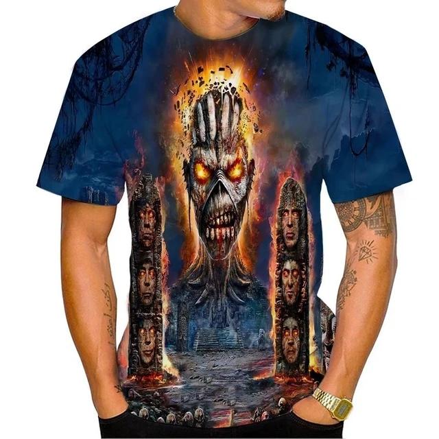 Men's fashionable skull 3D print T-shirt, trendy digital round neck short-sleeved casual top, street style.