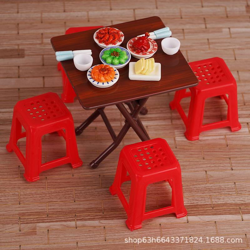 Retro Mini Kitchen Toy Dining Table Square Table Round Table Stool Eating Play Doll House Small Ornament Children'S Play House