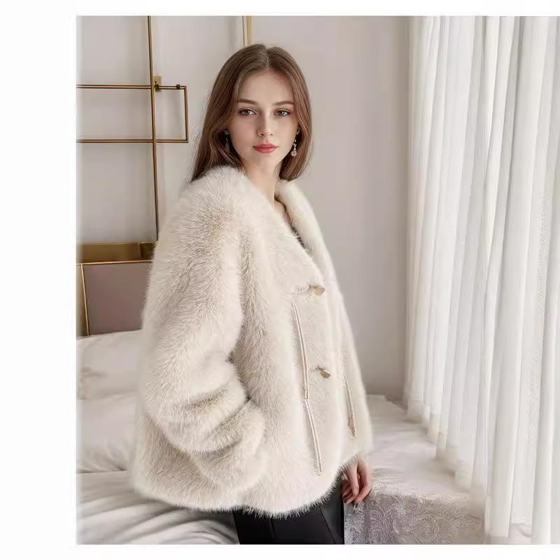 Winter Thickened Temperament Age-reducing Solid Color V-neck Imitation Fur Jacket Jacket Women's Curly Hair Medium and Long Imitation Fur