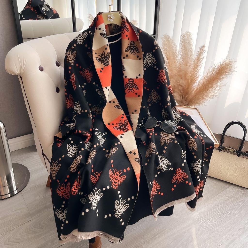 Bee Double-Sided Contrasting Colors Fashionable Versatile Imitation Cashmere Scarf Women'S Medium And Long Office Shawl Scarf