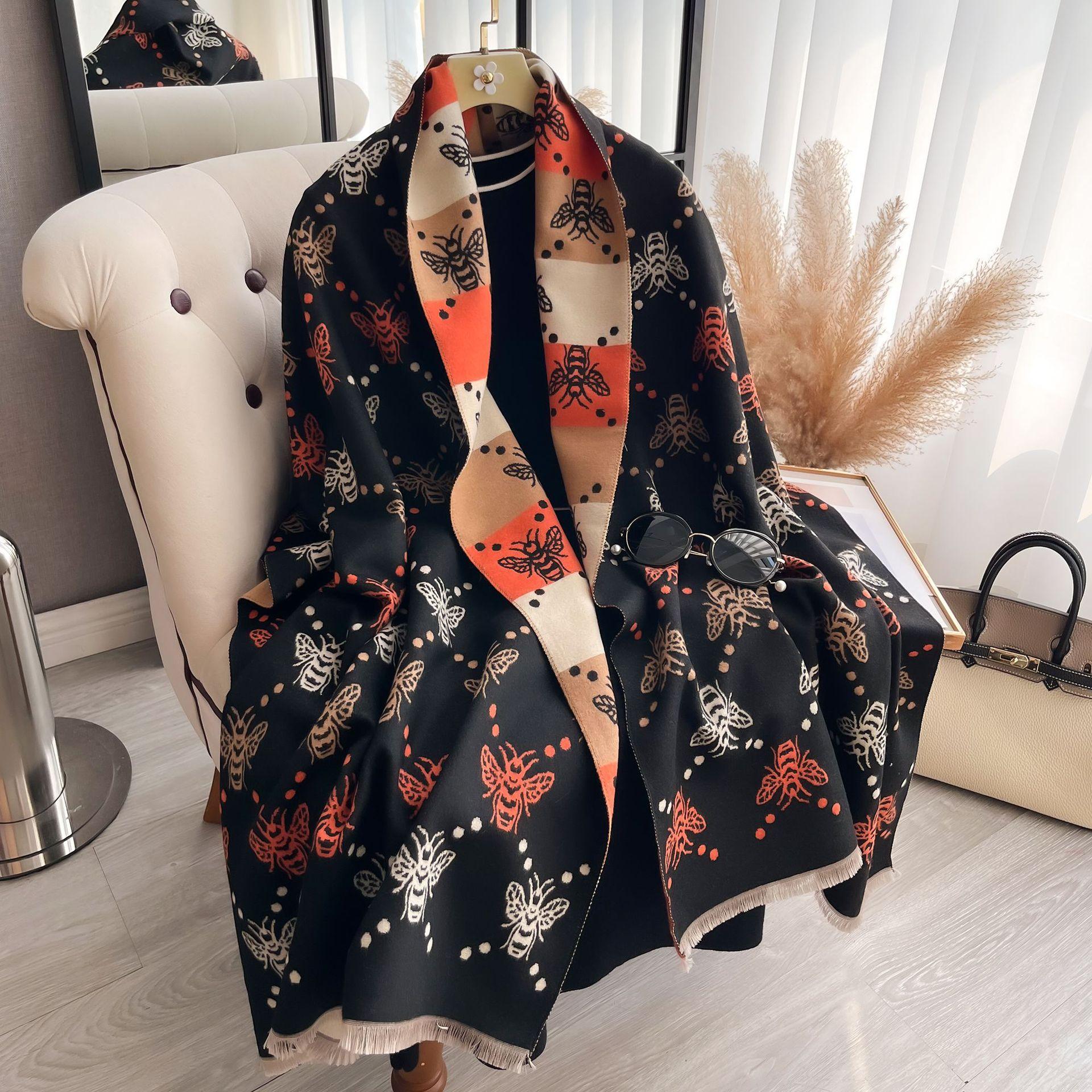 

Осенне-зимний двухсторонний шарф-шаль контрастного цвета с изображением пчелы для женщин, средний и длинный офисный шарф 185*65cm чёрный