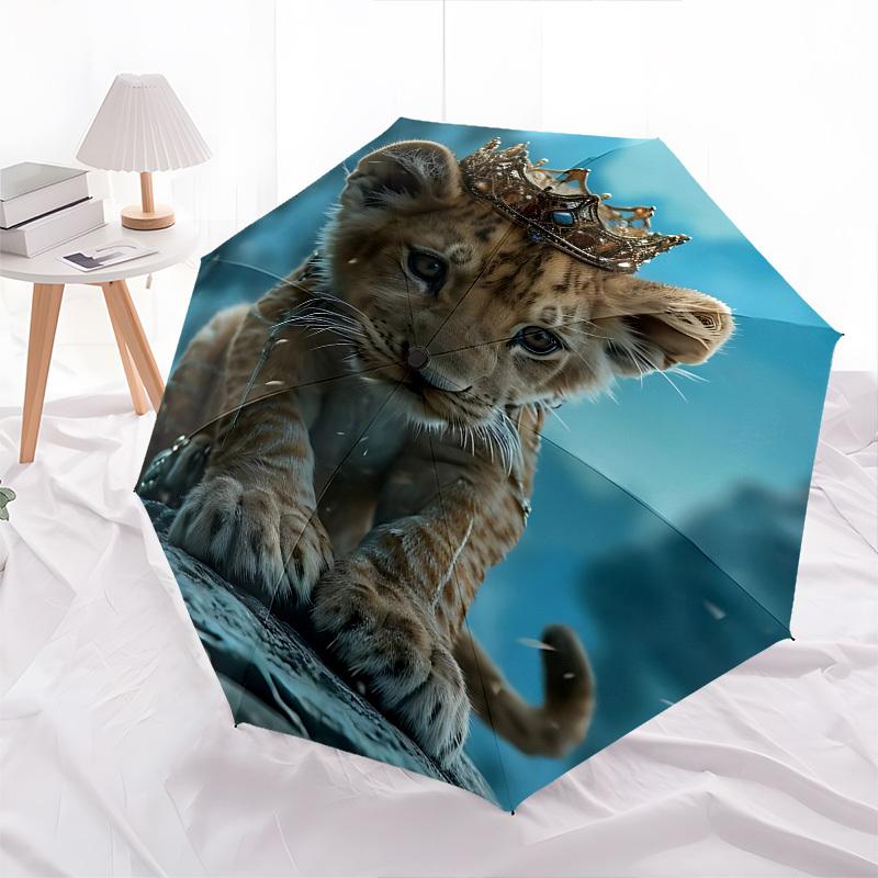 Lion Cub, Crowned Lion Themed Automatic Opening and Closing Umbrella, Brightly Colored 8-rib Portable Umbrella, Suitable for Men and Women, A Perfect