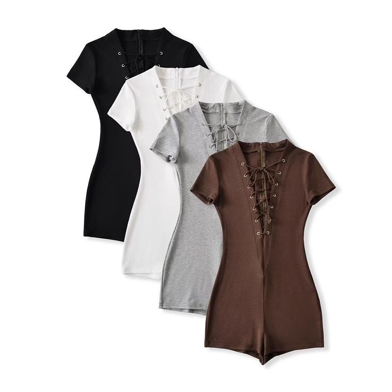 Eleganter Bodysuit mit tiefem V-Ausschnitt, Schnürung und kurzen Ärmeln: Damen Schlankheits-Stretch-Passform