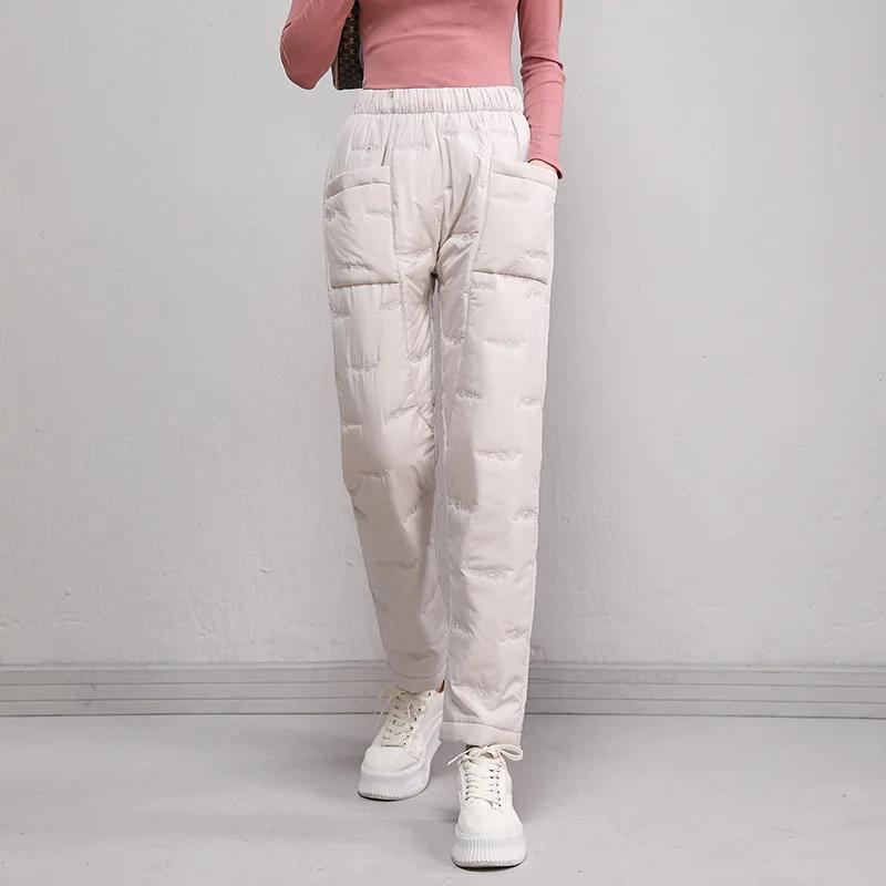 Elastic Waist Cotton Trousers Women Winter Loose Pockets Warm Straight Pants Woman High Waist Thicken Cotton Pants Lady