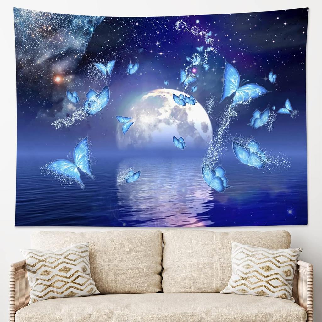 Moon Over Ocean Tapestry Full Moon Night Sky with Cherry Blossom Tree Wall Tapestry for Bedroom Cloud Pink Floral Wall Hanging