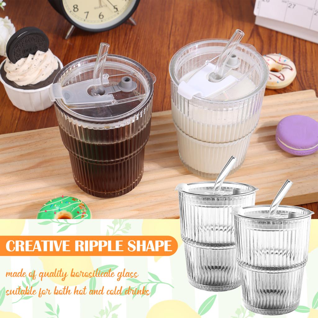 4 Pcs 16 Oz Iced Coffee Cups Ripple Glass Drinking Tea Juice Cup With Lids Straws Ribbed Clear Glasses Cups Reusable Water Glass