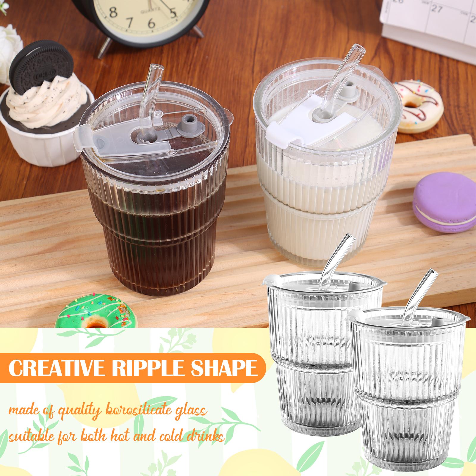 

4 Pcs 16 Oz Iced Coffee Cups Ripple Glass Drinking Tea Juice Cup With Lids Straws Ribbed Clear Glasses Cups Reusable Water Glass чистый