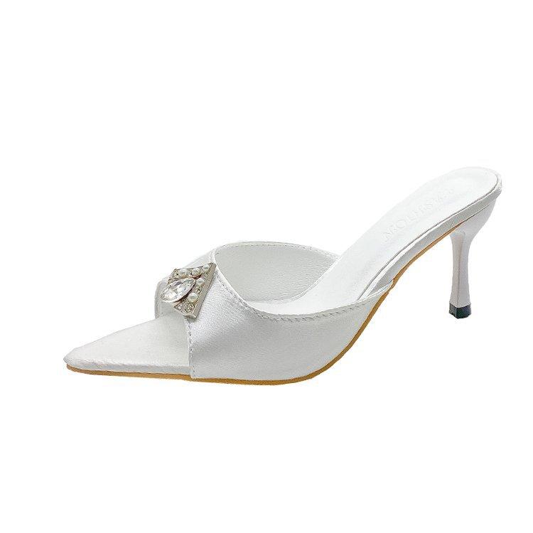 Summer new pointed open-toed rhinestone high-heeled sandals stiletto one pedal color high-heeled shoes half-drag women