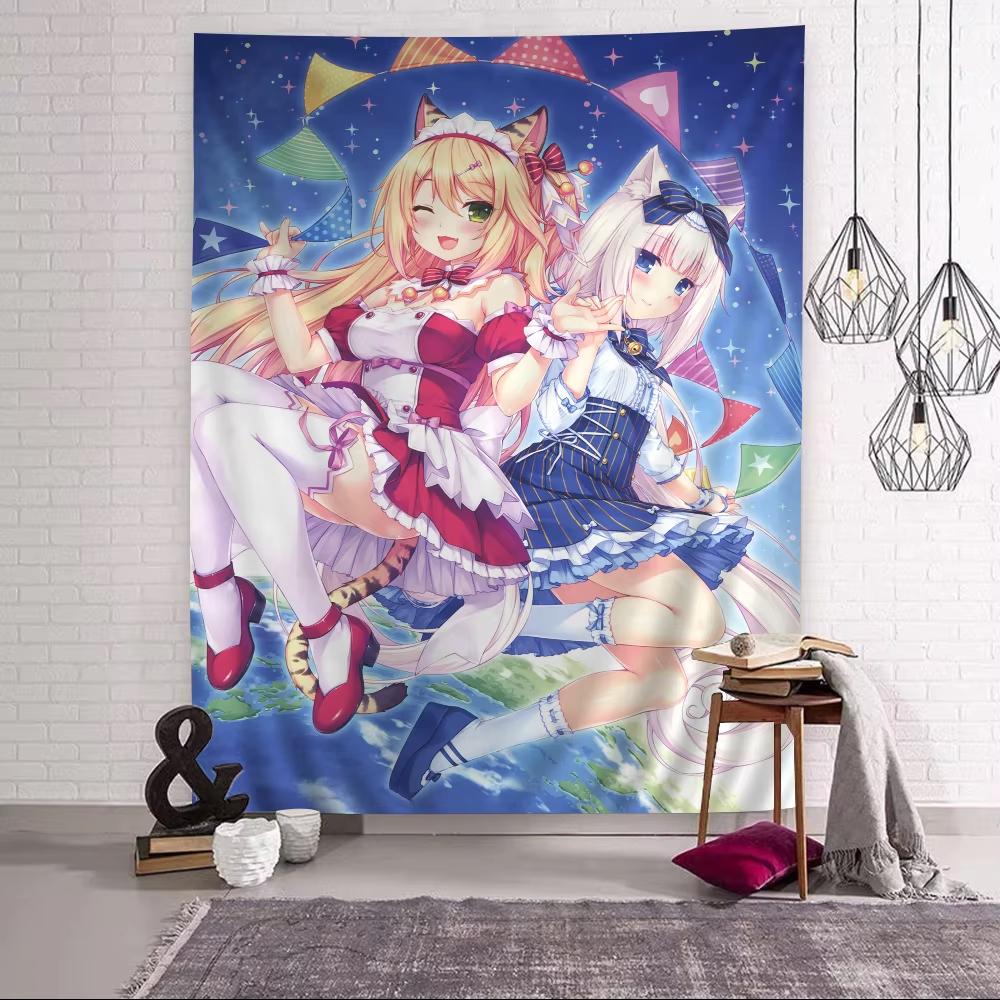 Katzenohr Maid Anime Wandteppich Niedlicher Chibi-Stil Wanddeko für Schlafzimmer Spielzimmer Arbeitszimmer Modernes Otaku Flachdruck