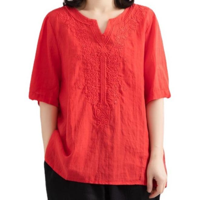 Women's 2024 Summer V-Neck Embroidered Shirt, Loose Fit, Cotton & Linen Blend, Short-Sleeved, Retro Ethnic Style, Solid Color.