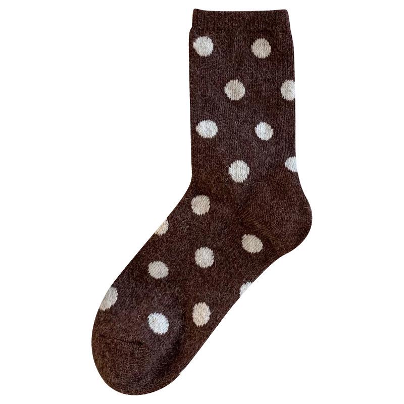 Warme Damen-Wollsocken mit Pünktchen, mittellang - Braun Maillard Kaffee, Japanischer Stil, Herbst/Winter