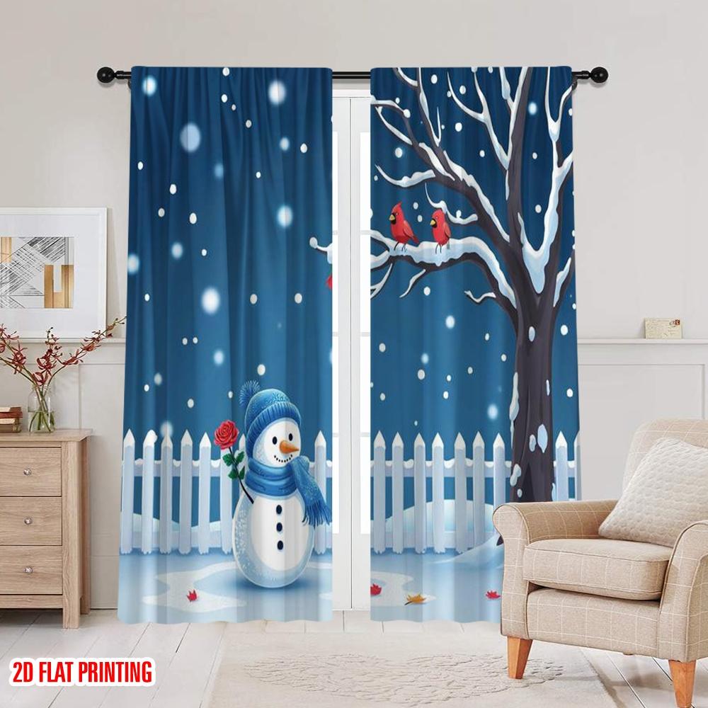 2pcs 2D flat printing Christmas Curtains Winter Wonderland Snowman Versatile 100% Polyester Without Electricity Spring for gold