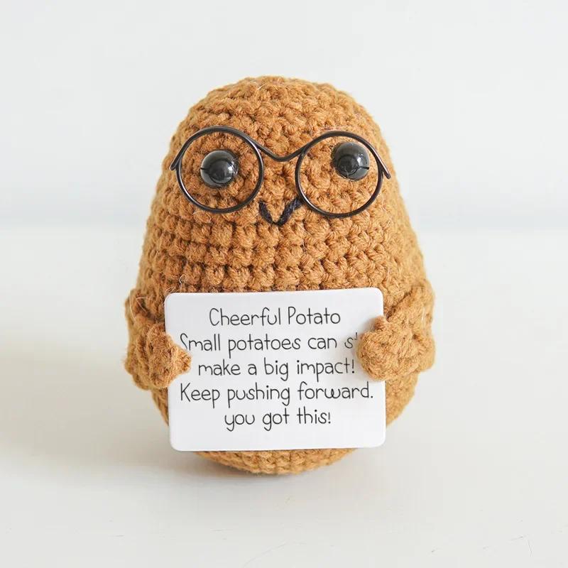 White Elephant Gifts Potato Mini Funny Knitted Wool Toy with Positive Card Cute Creative Life Doll Potato for Birthday Gift