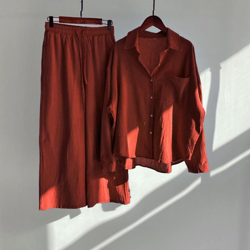 Women's Retro Plus Size 2-Piece Set: Cotton Linen Shirt & High Waist Wide Leg Pants