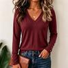 Women's Comfortable Stylish Casual V-Neck Long Sleeve T-Shirt Loose Fit Button Cuff Top