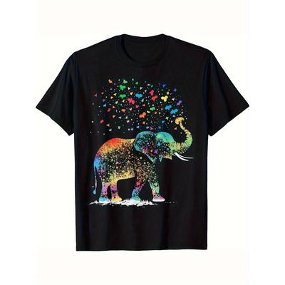 Colorful Watercolor Elephant Graphic T-Shirt Men Round Neck Casual Short Sleeve Cotton Tee