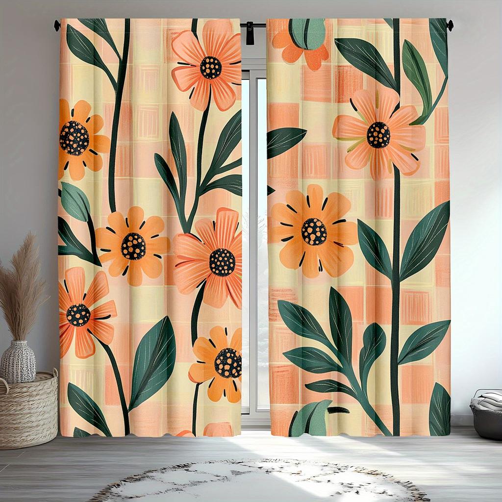2er Set Orange-Blumen-Karomuster Vorhänge, Polyesterstoff, maschinenwaschbar, geeignet für Wohnzimmer-/Schlafzimmerdekoration