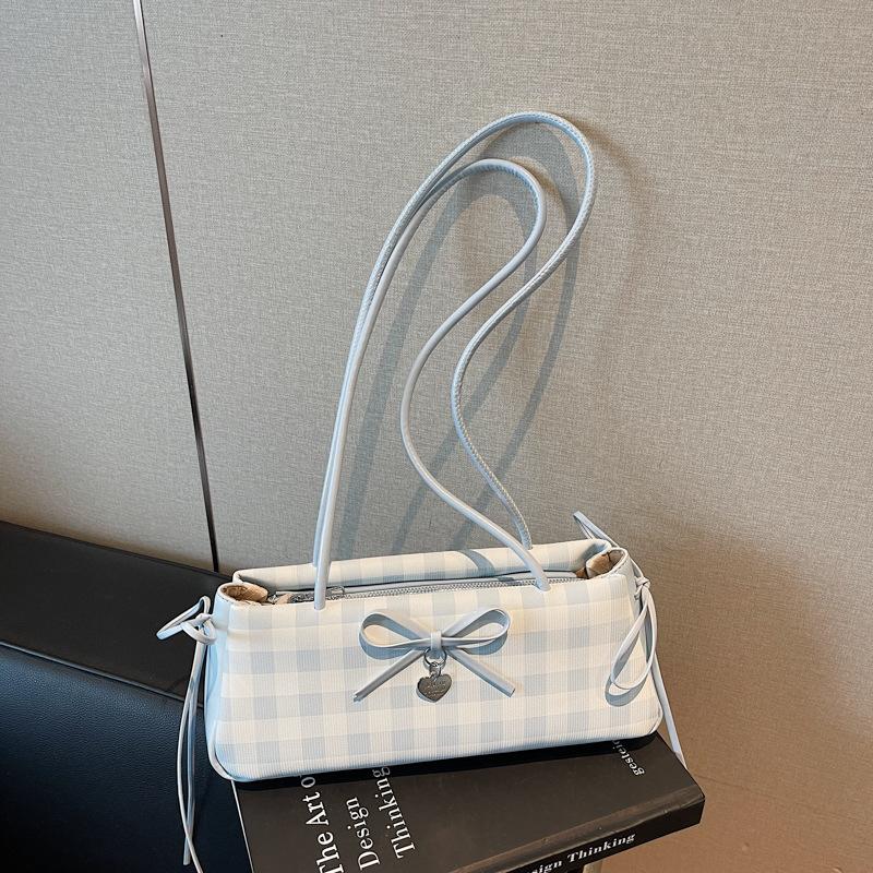 Bow small bag women's summer new fashion plaid baguette bag summer simple commuter shoulder bag