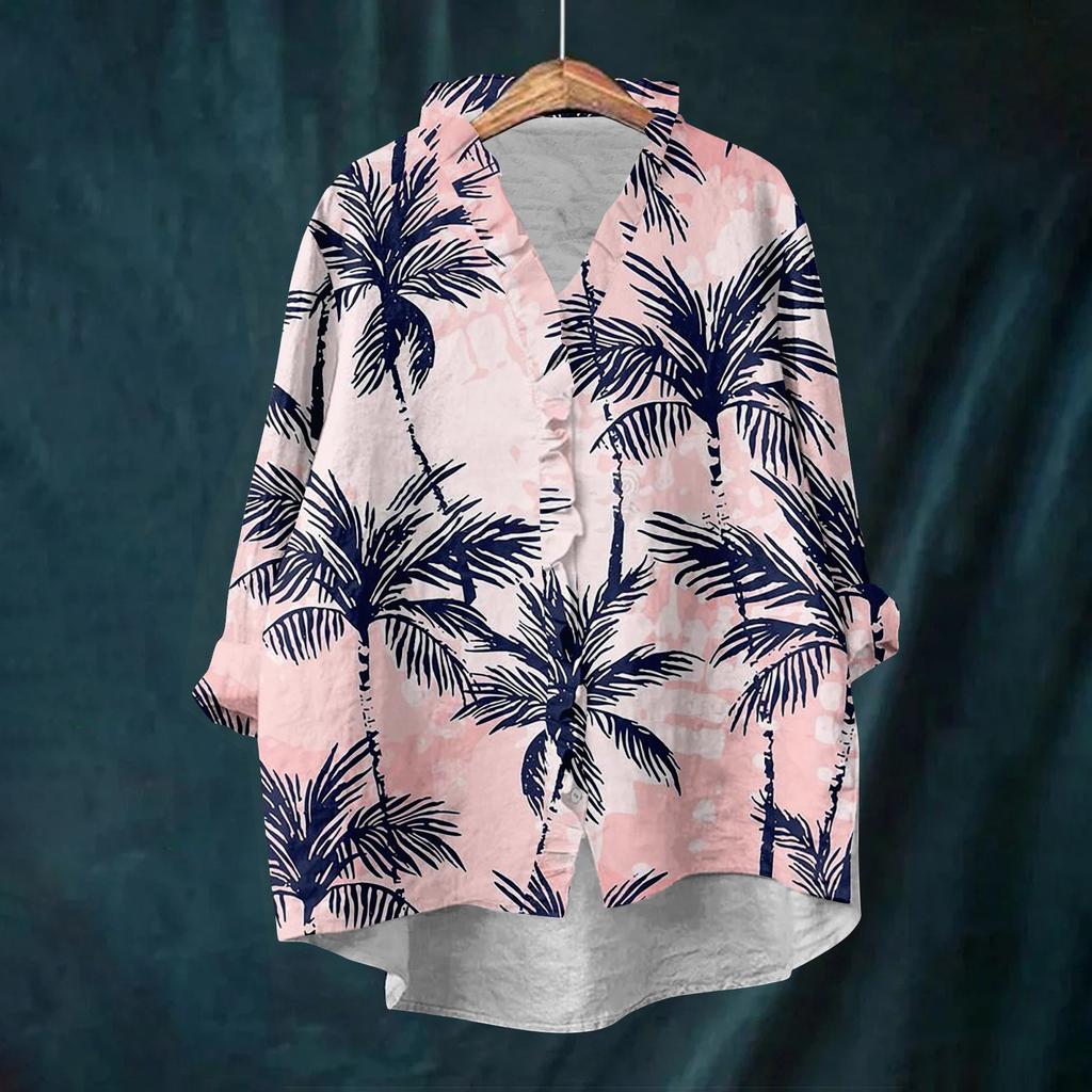 Top da donna ampio con volant e stampa floreale, collo alto, maniche lunghe, in cotone e lino
