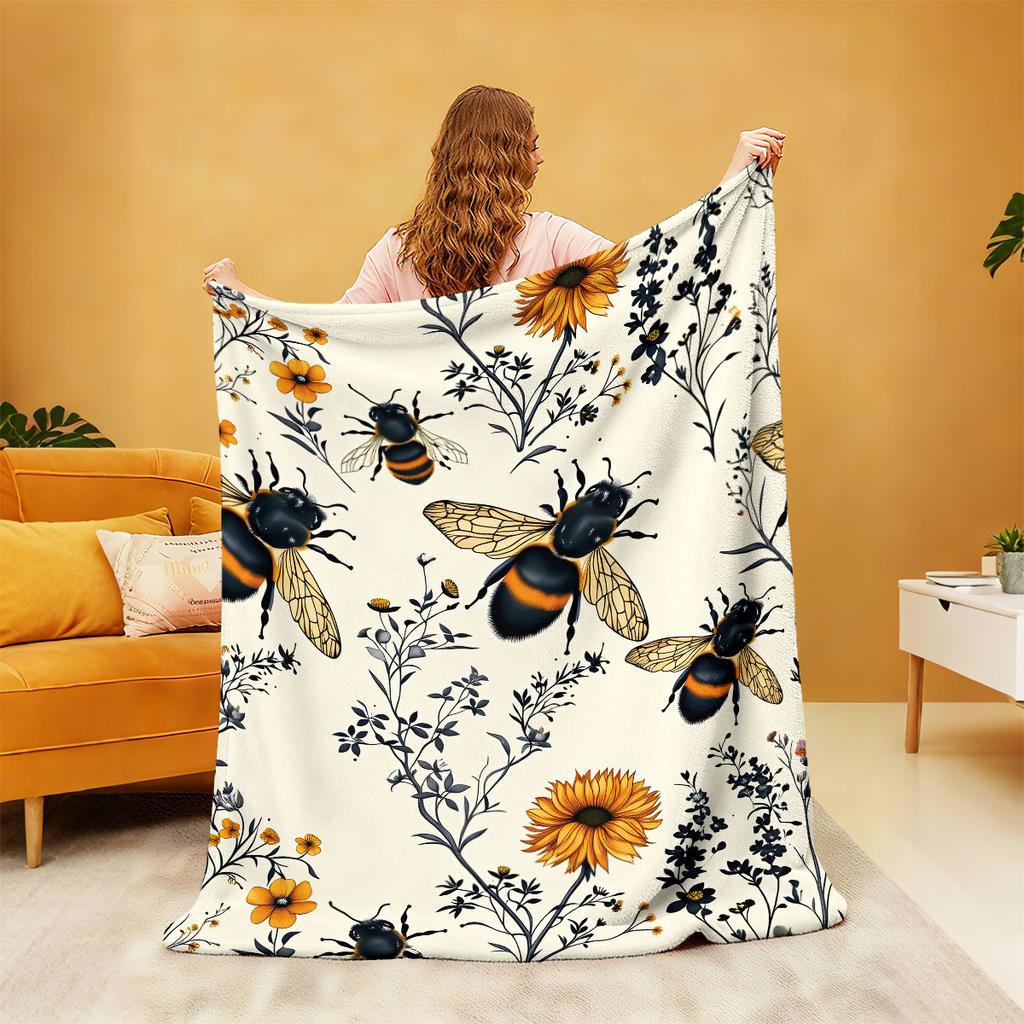 1pc Spring Bee Flower Printed 230 Flannel Blanket In Multiple Sizes, Soft And Comfortable Napping Cover Carpet, Machine Washable