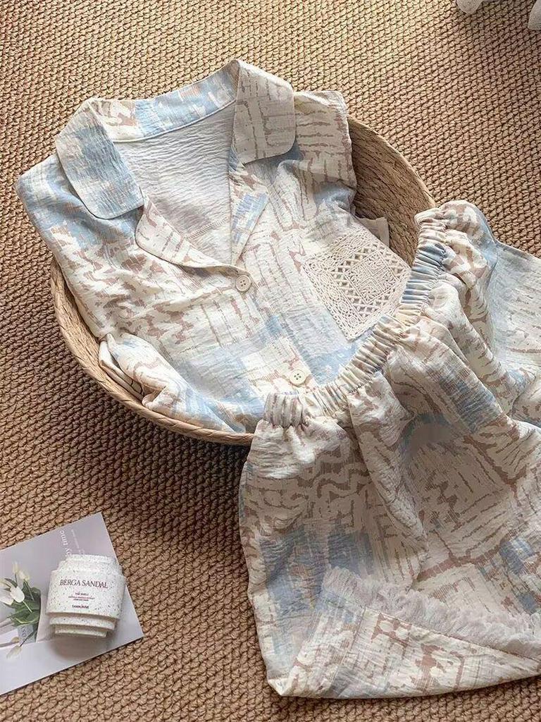 Cloud Cotton Lace Tassel Women's Summer Pajama Set - Short-Sleeved Cardigan & Shorts with Chest Pads